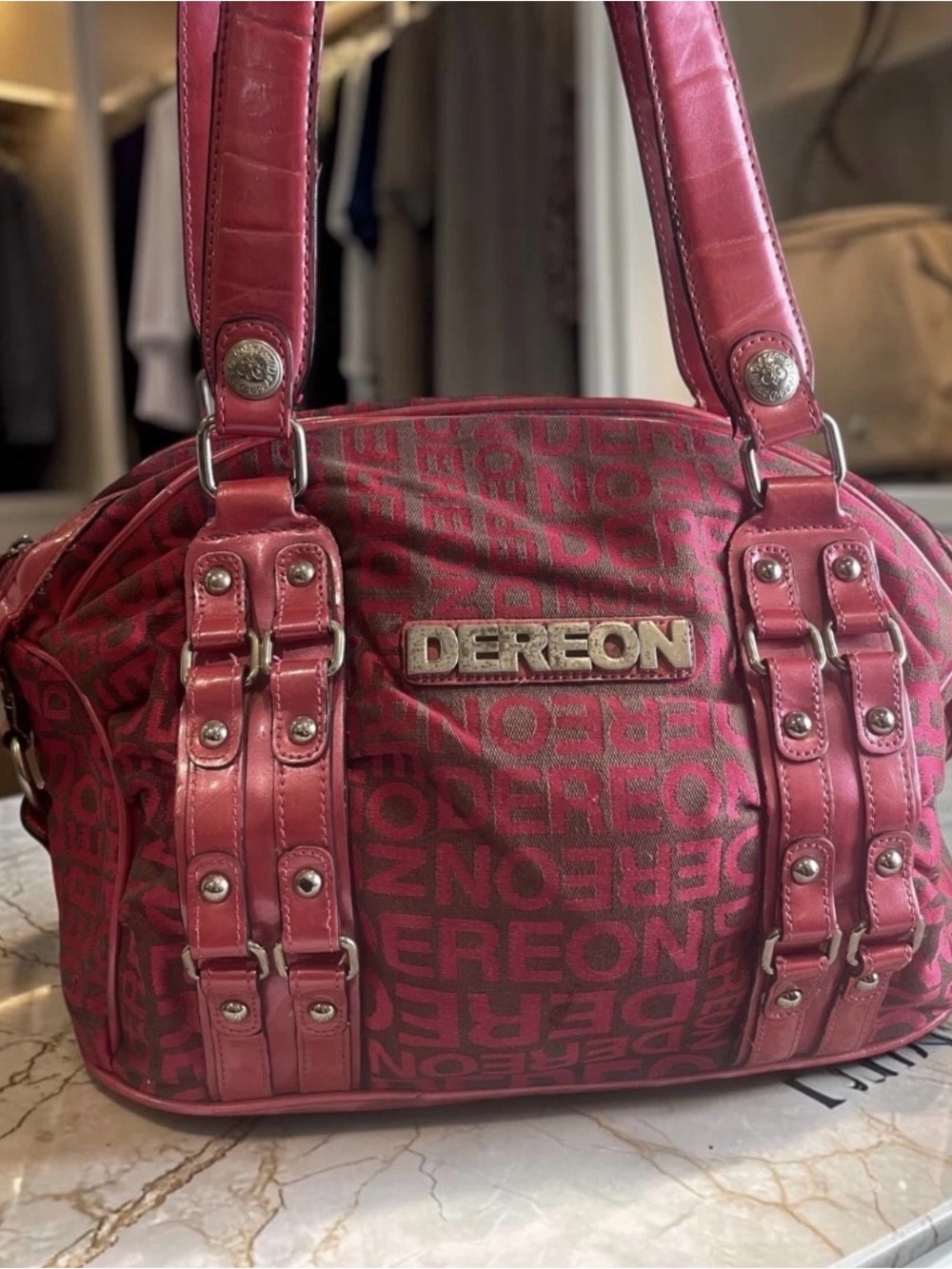 Dereon Pink Brown Monogram Satchel Shoulder Bag Purse Hardware Accents